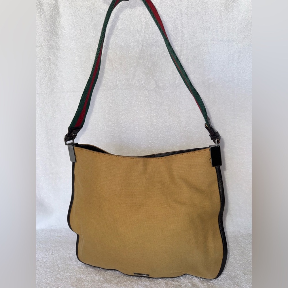 Gucci Vintage khaki brown canvas and leather trim web detail hobo. - Picture 1 of 15